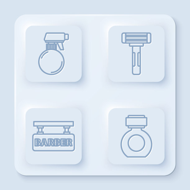 设线理发师手枪喷雾瓶，剃须刀，理发店和须后水。白色方形按钮。向量图片下载