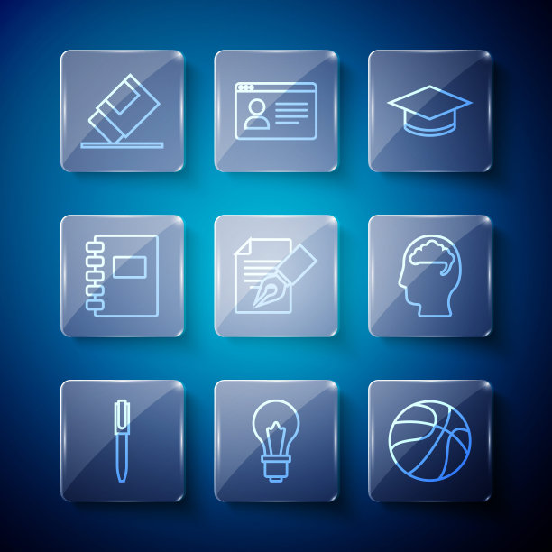 设线笔，灯泡的想法，篮球，毕业帽，考试表和铅笔，螺旋笔记本，橡皮擦或橡胶和人类的大脑图标。向量图片下载