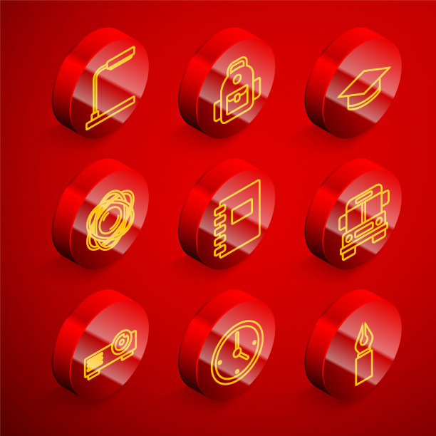 集线台灯，学校背包，毕业帽，原子，螺旋笔记本，巴士，电影，电影，媒体投影仪和时钟图标。向量图片下载