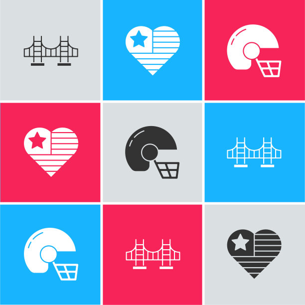 集金门大桥、美国独立日和美式橄榄球头盔图标。向量图片下载