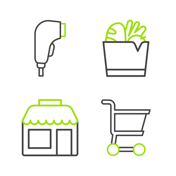 集在线购物车，超市商店，袋和食品和扫描仪扫描条码图标。向量图片下载