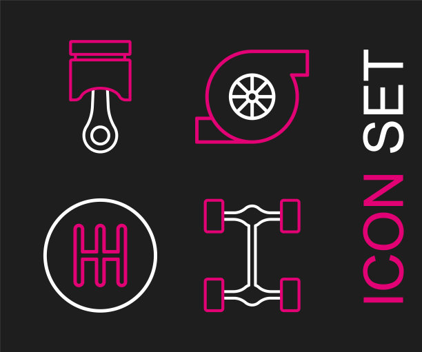 集线底盘汽车，换档器，汽车涡轮增压器和发动机活塞图标。向量图片下载