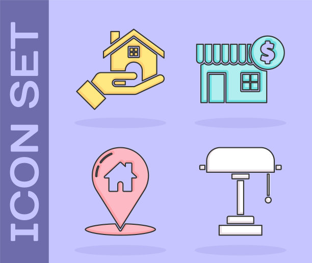 集台灯，房地产经纪人，地图指针与房子和房子与美元符号图标。向量图片下载