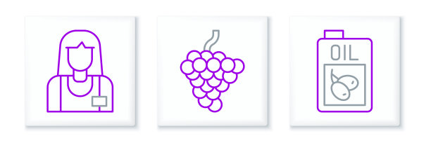 设置线瓶橄榄油，卖方和葡萄水果图标。向量图片下载