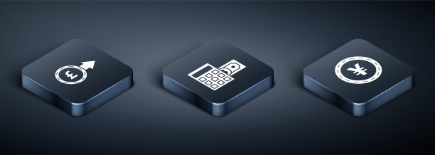 设置等距硬币与英镑符号，硬币货币与日元符号和计算器与美元符号图标。向量图片下载