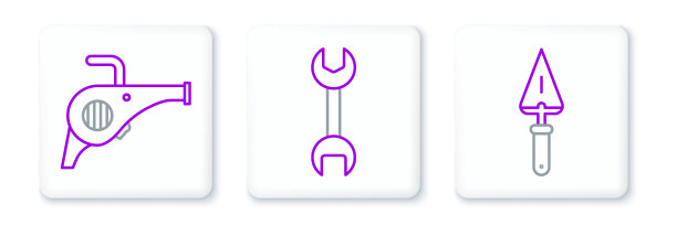 设置线铲，叶片花园鼓风机和扳手扳手图标。向量图片下载