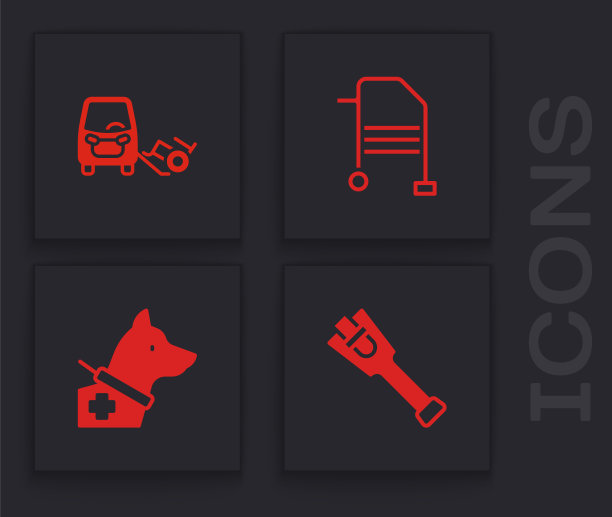 设置义肢，残疾人汽车，助行器和导盲犬图标。向量图片下载