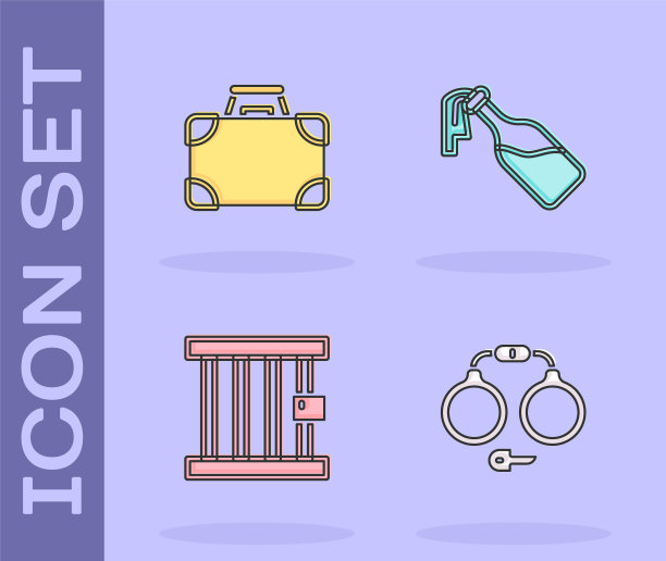 设置手铐，公文包钱，监狱窗口和鸡尾酒莫洛托夫图标。向量图片下载