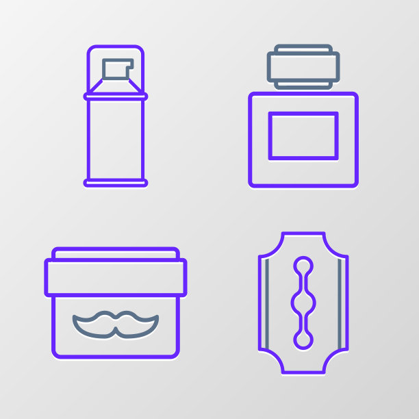 设置线刀片剃须刀，奶油乳液化妆品罐，须后水和剃须啫喱泡沫图标。向量图片下载
