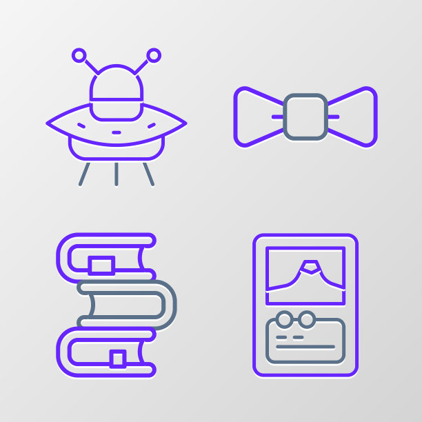 集线卡游戏，书，领结和不明飞行物飞行飞船图标。向量图片下载