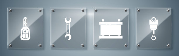 用遥控器设置发动机活塞、汽车蓄电池、扳手和汽车钥匙。方形玻璃板。向量图片下载