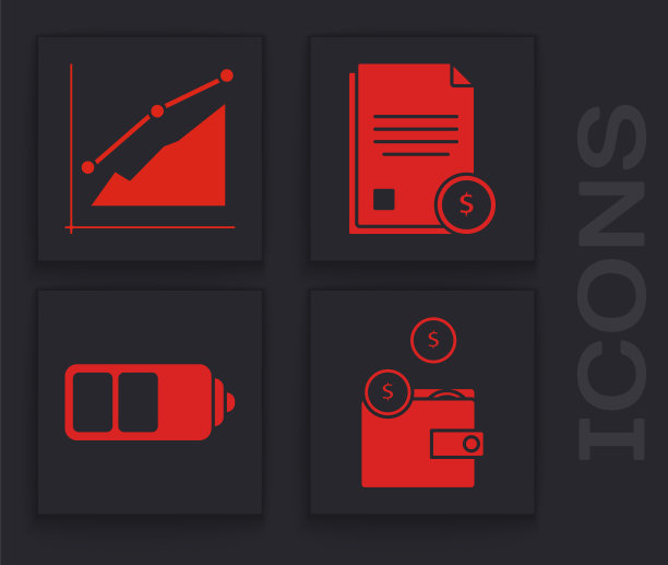 设置钱包硬币，饼图信息图，财务文件和电池充电水平指示图标。向量图片下载