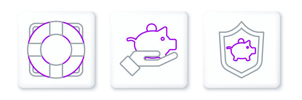 设线储蓄罐与盾牌，救生圈和在手图标。向量图片下载