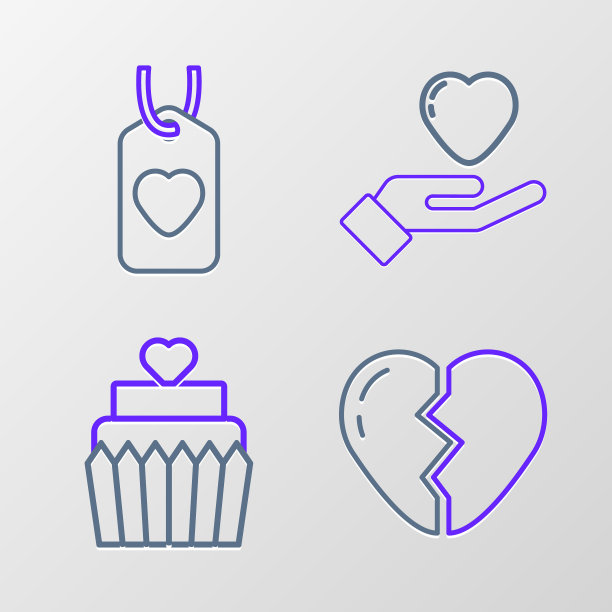 集线破碎的心，婚礼蛋糕，心的手和标签图标。向量图片下载