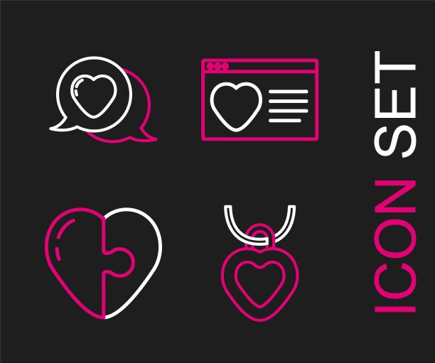 设置线项链心形，心，约会应用程序在线和语音泡沫图标。向量图片下载