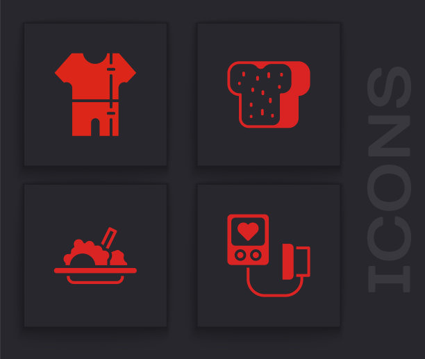 设定血压，运动运动服，面包吐司和健康食品图标。向量图片下载