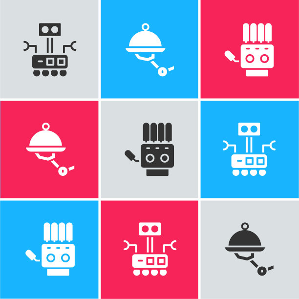 设置机器人，服务员机器人和机械手图标。向量图片下载