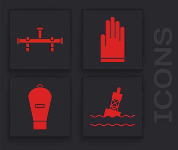 设置海上浮动浮标，歧管，手套和提袋图标。向量图片下载