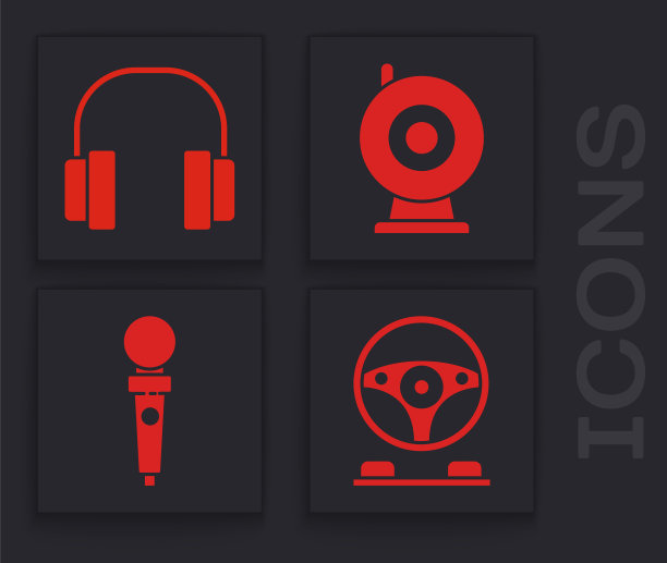 设置赛车模拟器座舱，耳机，网络摄像头和摇杆街机图标。向量图片下载