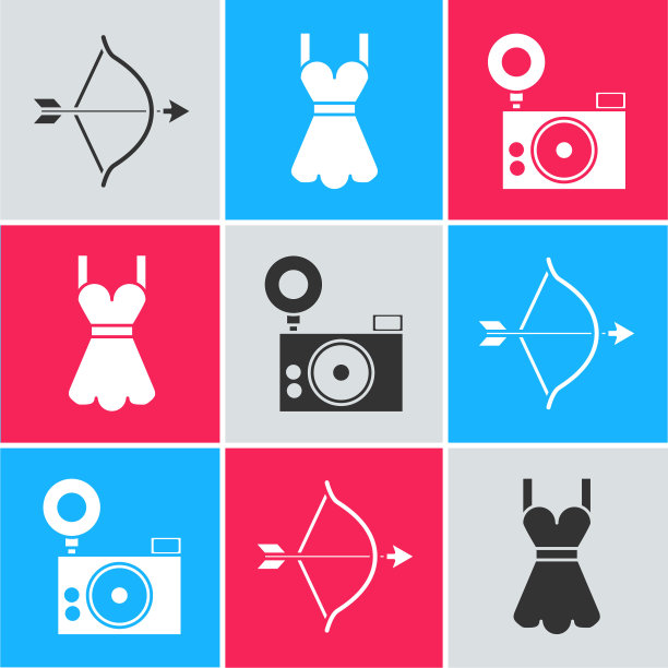 设置弓和箭，女人的衣服和照片相机图标。向量图片下载