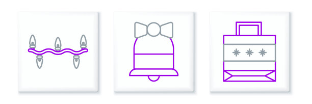 圣诞纸质购物袋、彩灯和铃铛图标矢量素材图片下载