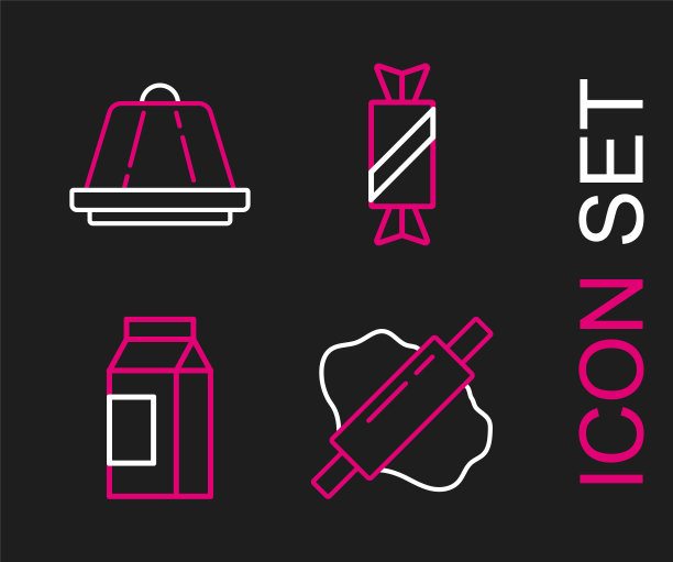 将擀面杖放在面团上，纸包装牛奶，糖果和布丁蛋奶糊图标。向量图片下载