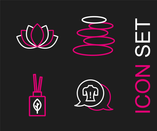 设置线按摩，芳香扩散器，堆热石和莲花图标。向量图片下载