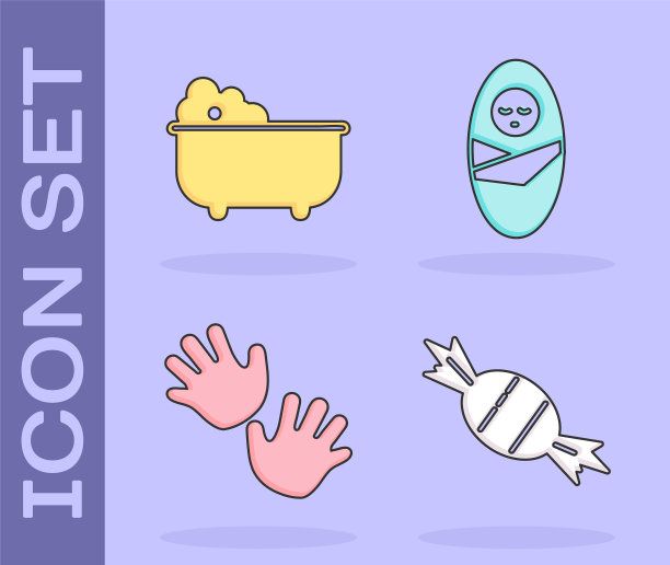 集糖果，婴儿浴缸，婴儿的手印和新生儿婴儿襁褓的图标。向量图片下载