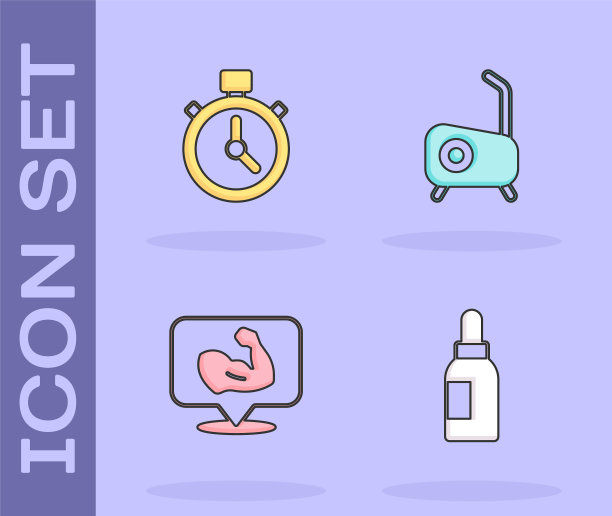 集精油瓶，秒表，健美肌肉和固定自行车图标。向量图片下载