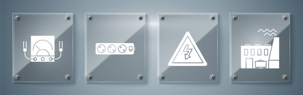 集火力发电厂、工厂、高压标志、电线延长线、电流表、万用表、电压表。方形玻璃板。向量图片下载