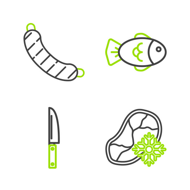 设线新鲜冷冻牛排肉，刀，鱼和香肠图标。向量图片下载