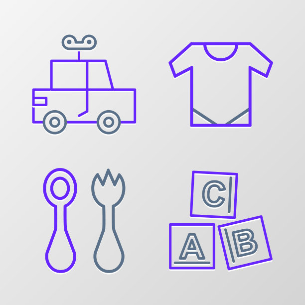 设置线ABC块，婴儿餐具与叉子和勺子，连体衣和玩具车图标。向量图片下载