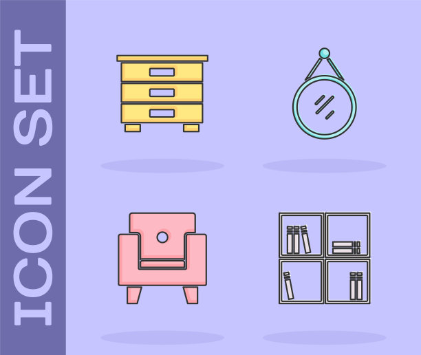 集书架与书籍，家具床头柜，扶手椅和镜子图标。向量图片下载