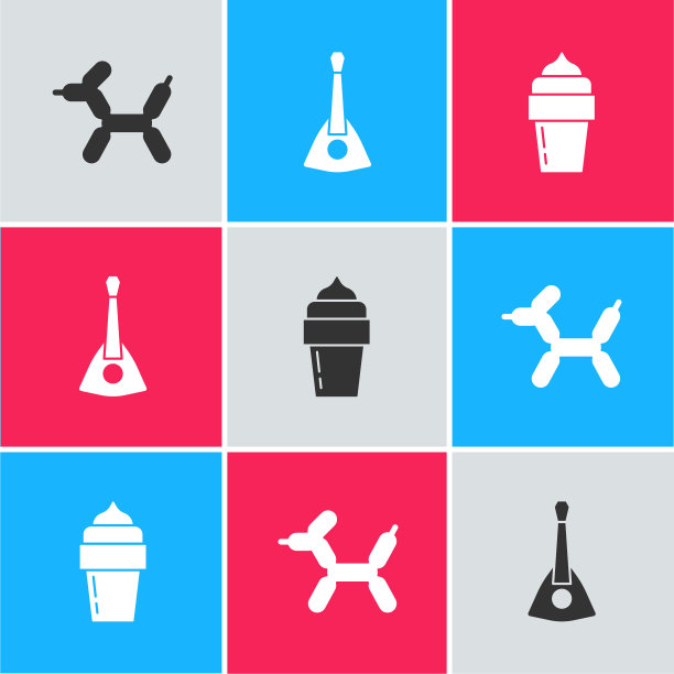 集气球狗，Balalaika和冰淇淋图标。向量图片下载