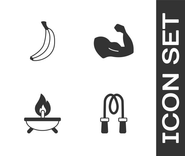 集跳绳，香蕉，芳香蜡烛和健美肌肉图标。向量图片下载