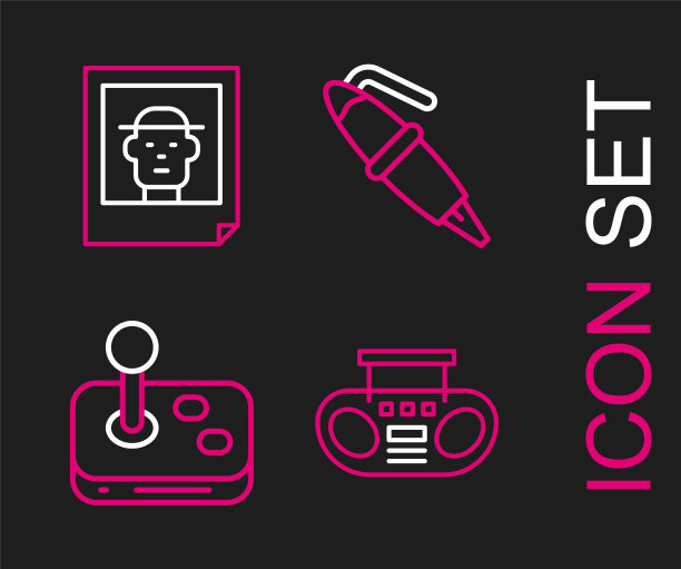 设置线家庭立体声与两个扬声器，操纵杆，钢笔笔尖和照片图标。向量图片下载