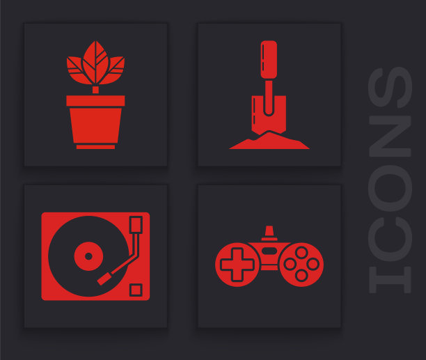 设置手柄，花盆里的花，铲子在地上和乙烯基播放器与乙烯基磁盘图标。向量图片下载