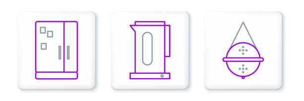 设置球茶过滤器，冰箱和带手柄图标的水壶。向量图片下载