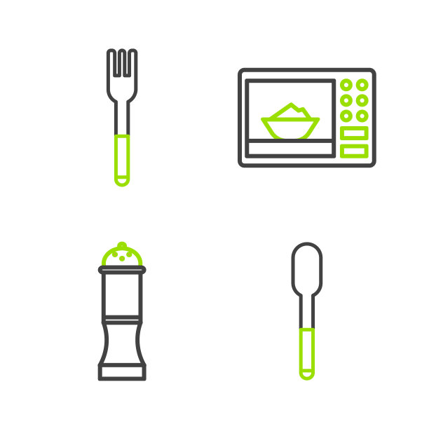 设置线勺子，胡椒，微波炉和叉子图标。向量图片下载