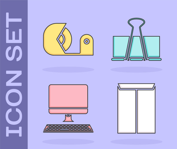设置信封，苏格兰，电脑显示器与键盘和活页夹图标。向量图片下载