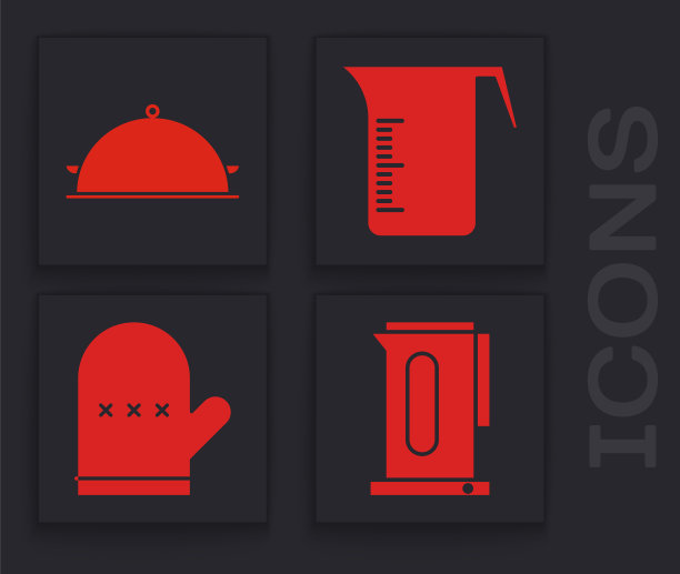 设置水壶与手柄，覆盖了一盘食物，量杯和烤箱手套图标。向量图片下载