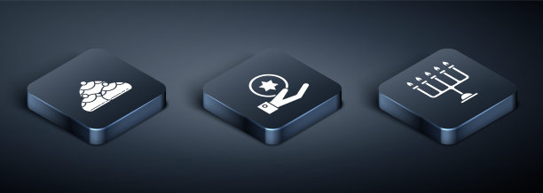 集等长犹太甜面包店，光明节烛台和犹太硬币在手图标。向量图片下载