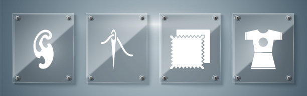 设置女装，纺织面料卷，缝线针和法式弧线针。方形玻璃板。向量图片下载