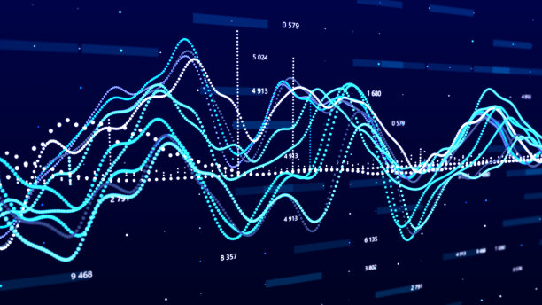 交易或财务图表。图。业务图。大数据。粒子波。抽象的未来背景。3 d渲染。图片下载
