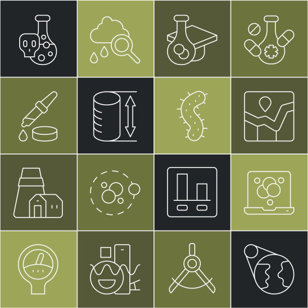 设置线地球，化学式，图形图表信息图，毕业帽，高度几何图形，移液器，试管有毒液体和病毒图标。向量图片下载