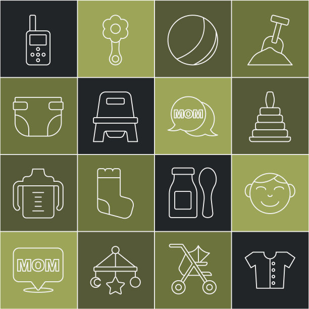 集线婴儿t恤，小男孩头，金字塔玩具，沙滩球，便盆，尿布，监视器对讲机和语音泡沫妈妈图标。向量图片下载