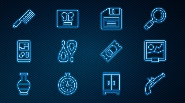 集线老式手枪，图片，软盘，耳环，便携式视频游戏机，发刷，电影票和蝴蝶框架图标。向量图片下载