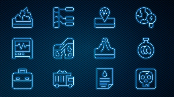 设置线考古，展览矿物，岩石，地震，地质断层，地震仪，矿石开采，火山和土壤分析图标。向量图片下载