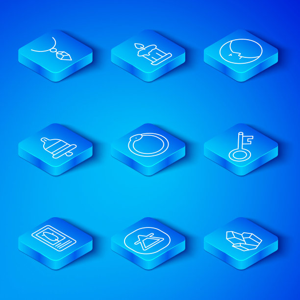 设置线塔罗牌，衔尾蛇，空气元素，旧钥匙，月亮，响警钟，项链与水晶和魔法石图标。向量图片下载