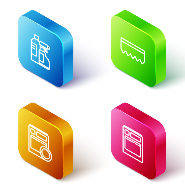 设置等距线瓶清洗剂，海绵泡沫，厨房洗碗机和图标。向量图片下载